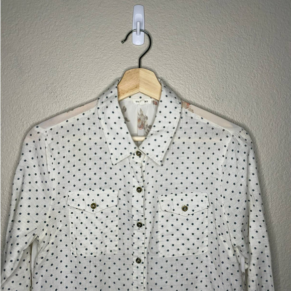 EN Creme Multi Print Blouse Womens Small S Button Up Roll Tab High Low Colorful - Picture 6 of 12